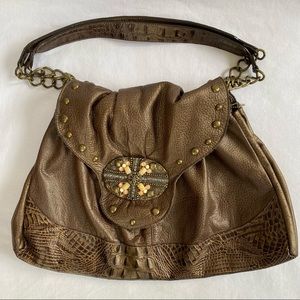 Leatherock USA Embossed Leather Studded Chain Bag Brown